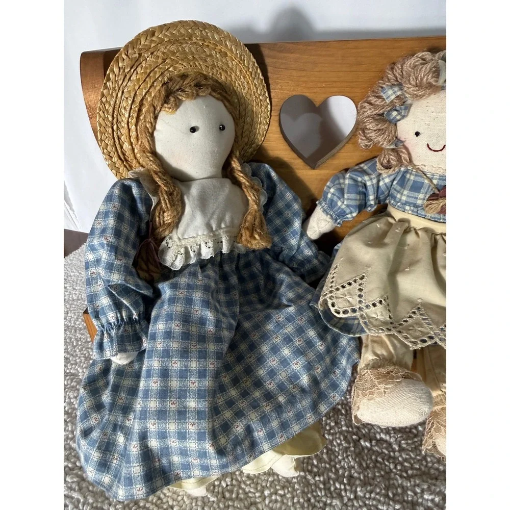 Vintage Rag Doll Set with Wooden Heart Bench Blue Plaid Farmhouse Decor 3pc